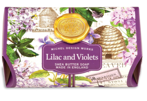 Michel Design Works Lilac and Violets shea butter soap bar with floral and beehive print.
