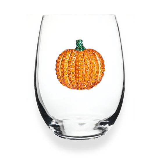 Stemless wine glass with jeweled embellishments around the rim in a clear crystal finish.