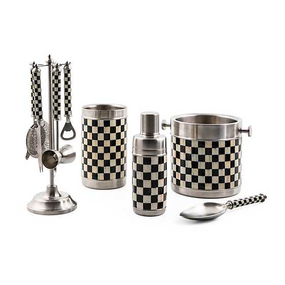 Stainless steel cocktail shaker featuring a black and white hand-painted checkered pattern.