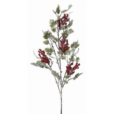 36-inch frosted artificial spray with green mini grape leaves and clusters of red berries.