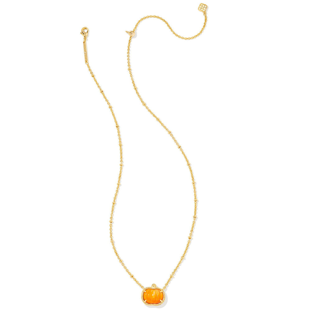 Gold-tone short pendant necklace with an orange Mother-of-Pearl pumpkin charm.