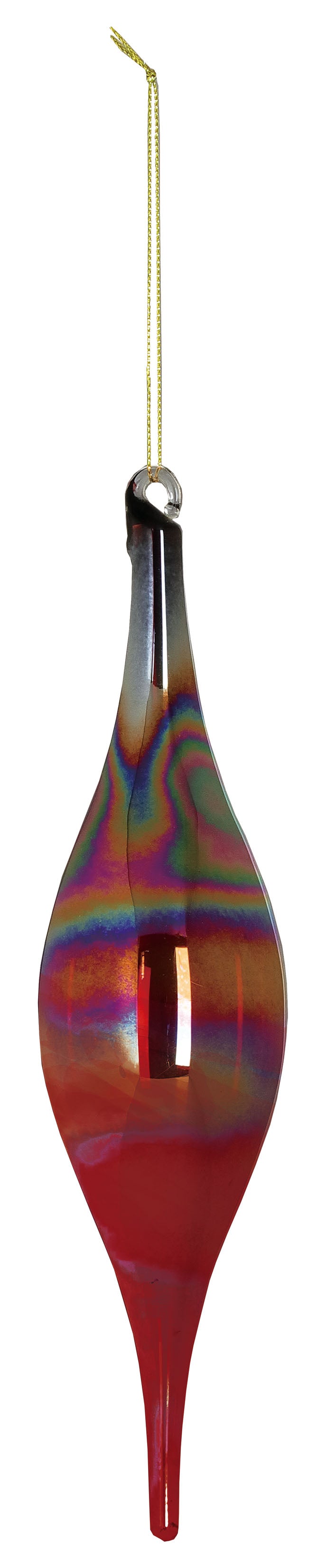 Long iridescent glass finial ornament with a shimmering rainbow finish and gold hanging string.