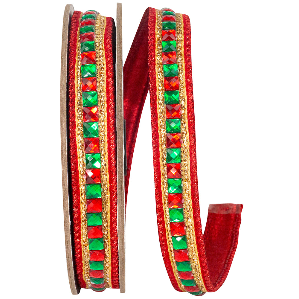 Red velvet wired ribbon with gold metallic trim and alternating red and green square jewel accents.
