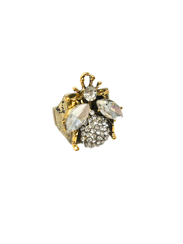 Silver pave rhinestone bee ring with a one-inch length.