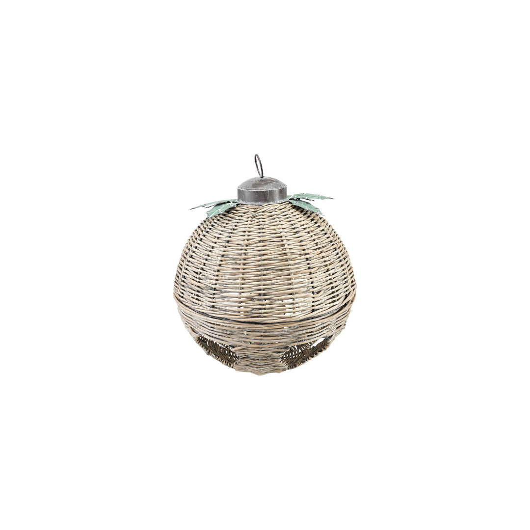 Oversized hand-woven natural rattan bell figurine with metal leaves and a hanging loop.