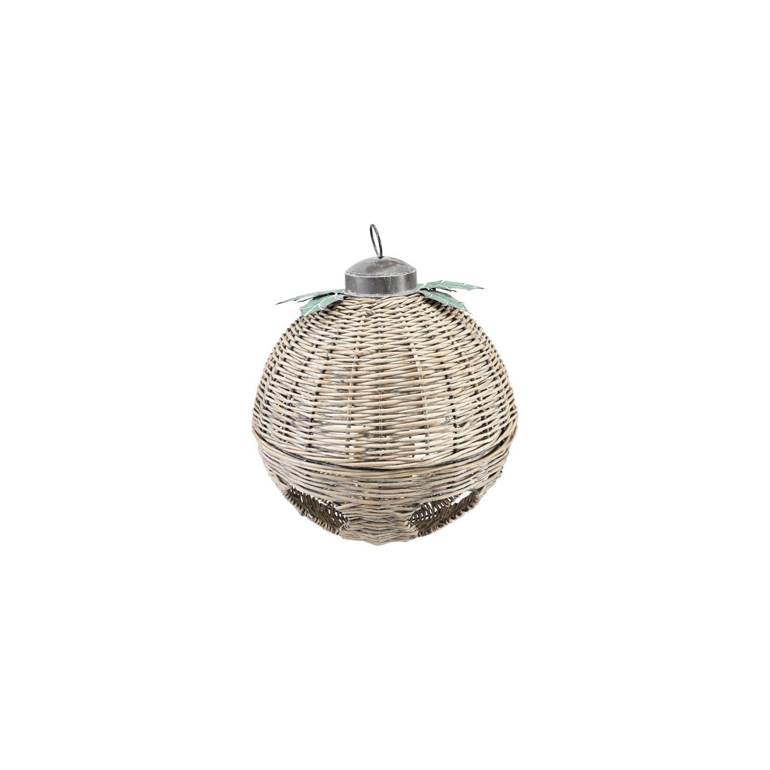 Oversized hand-woven natural rattan bell figurine with metal leaves and a hanging loop.