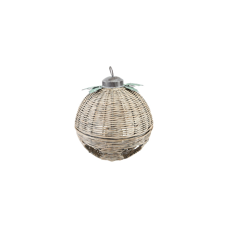Oversized hand-woven natural rattan bell figurine with metal leaves and a hanging loop.