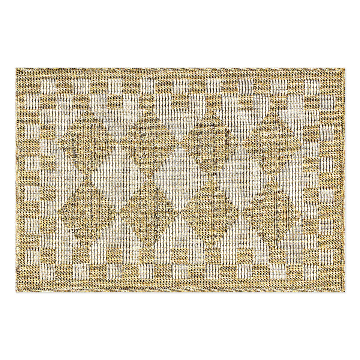 White Diamond 2' x 3' Indoor/Outdoor Rug with a woven geometric pattern in tan and white.