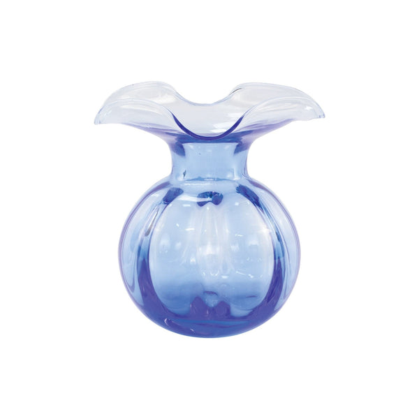 Blue Hibiscus glass bud vase with a round ribbed body and a wide ruffled rim.