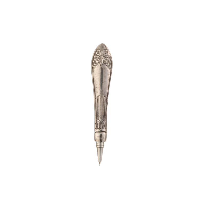 Victorian-style silver-plated brass pen with an ornate knife handle design and fine writing tip.