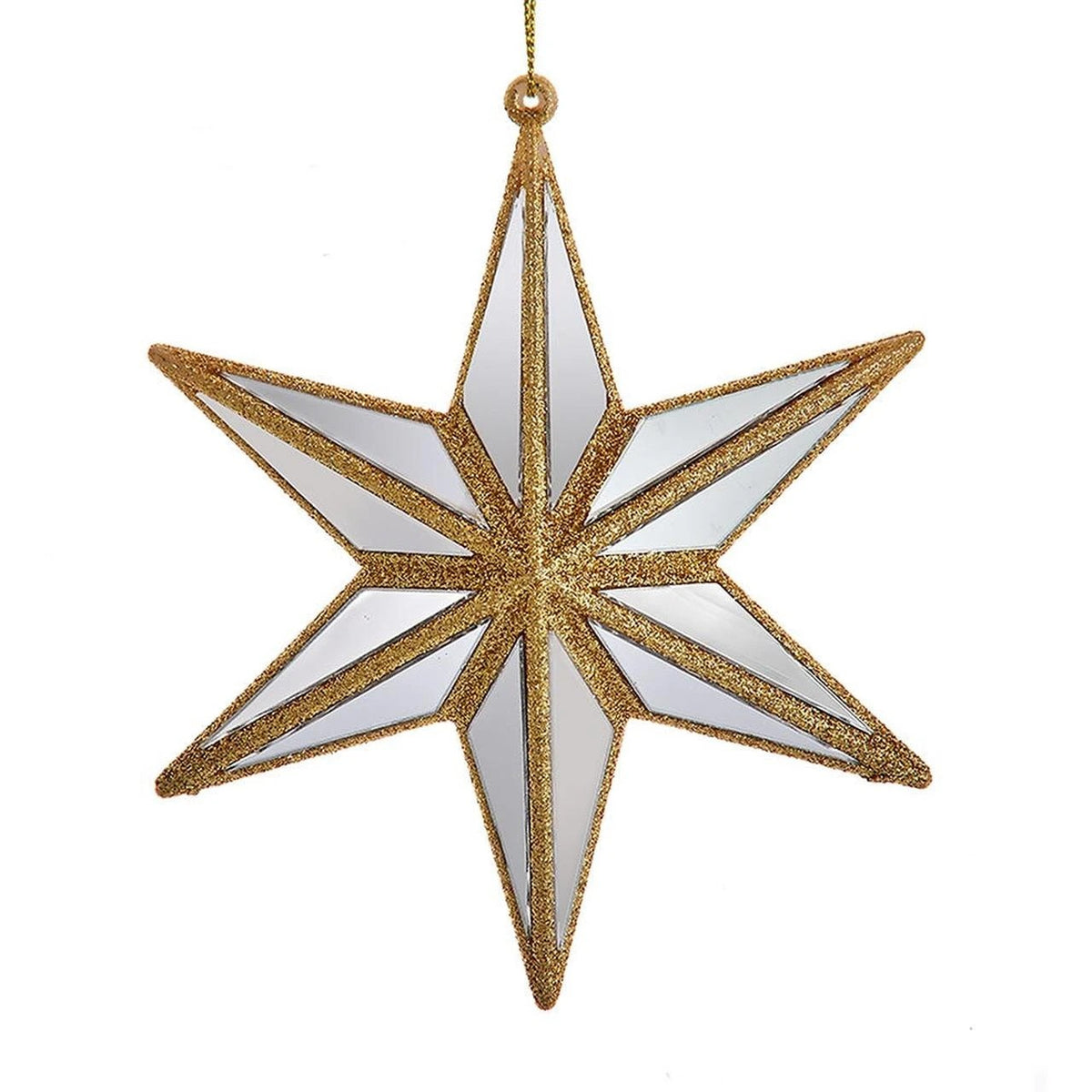 Ivory and gold mirrored six-point star ornament with glittery gold borders and a hanging loop.