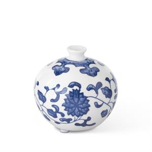 Blue and white ceramic mini bud vase with chinoiserie floral patterns.