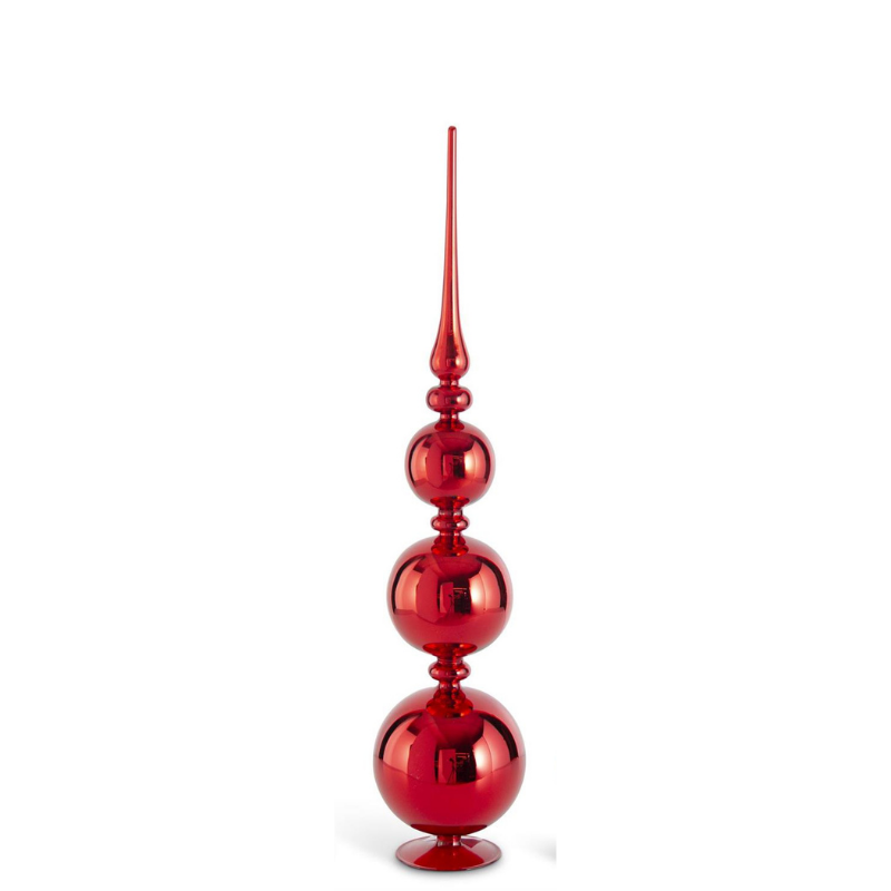 Tall, shiny red glass finial decoration with three stacked spheres and a long pointed tip.