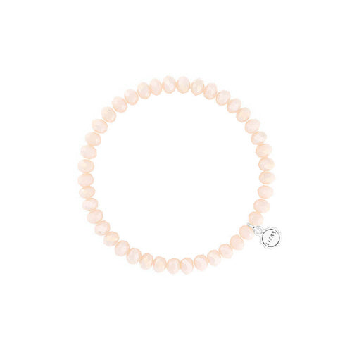 Stretchy bracelet with faceted glass beads in a colorful beaded pattern.