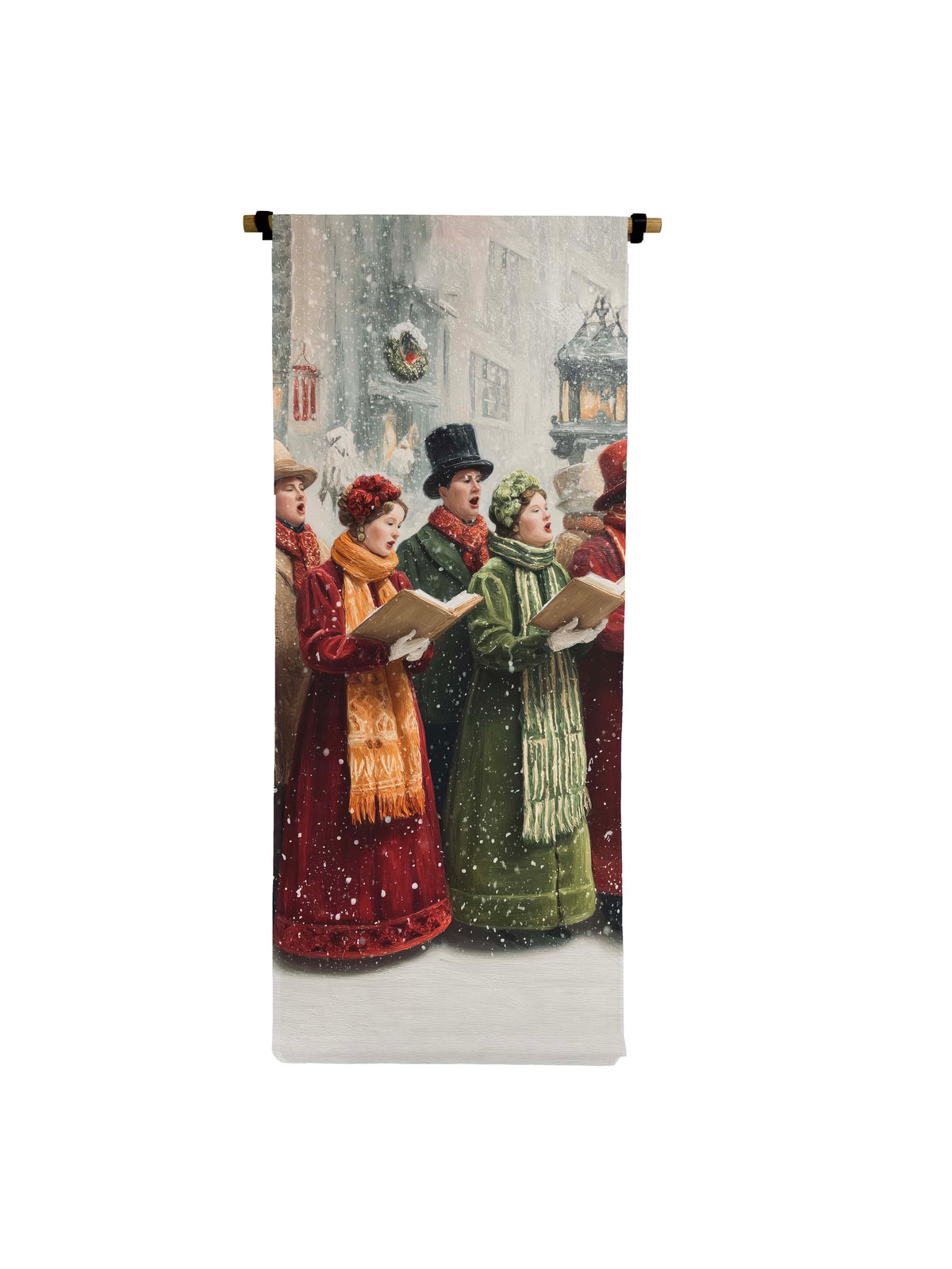 Traditional carollers singing in the snow on a vertical canvas scroll with wooden hanging rods.