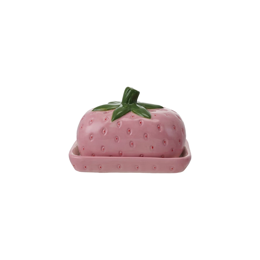 Hand-painted ceramic strawberry-shaped butter dish with a cube base.