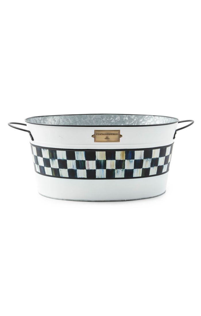 Galvanized metal spectator beverage bucket with a handle.