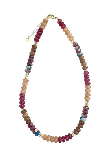 Kerry Necklace featuring tan, turquoise, and red natural stone beads with gold-plated accents.