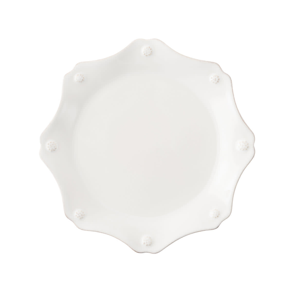 Whitewash ceramic scallop salad plate featuring a subtle berry and thread motif