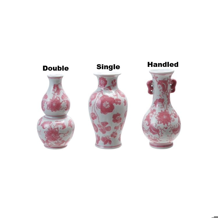 Three white stoneware vases with pink floral patterns in Double, Single, and Handled styles.