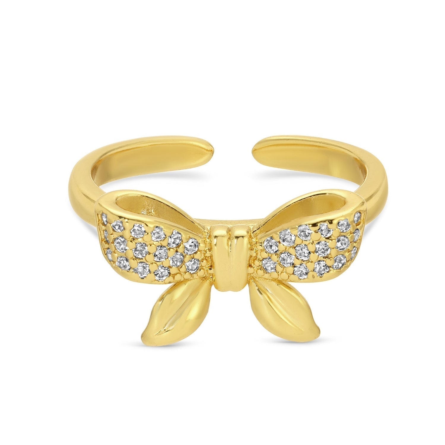 Adjustable pave bow ring in gold with cubic zirconia stones
