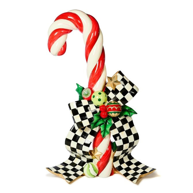 60-inch glossy resin candy cane trophy with red and white stripes on a black stand.