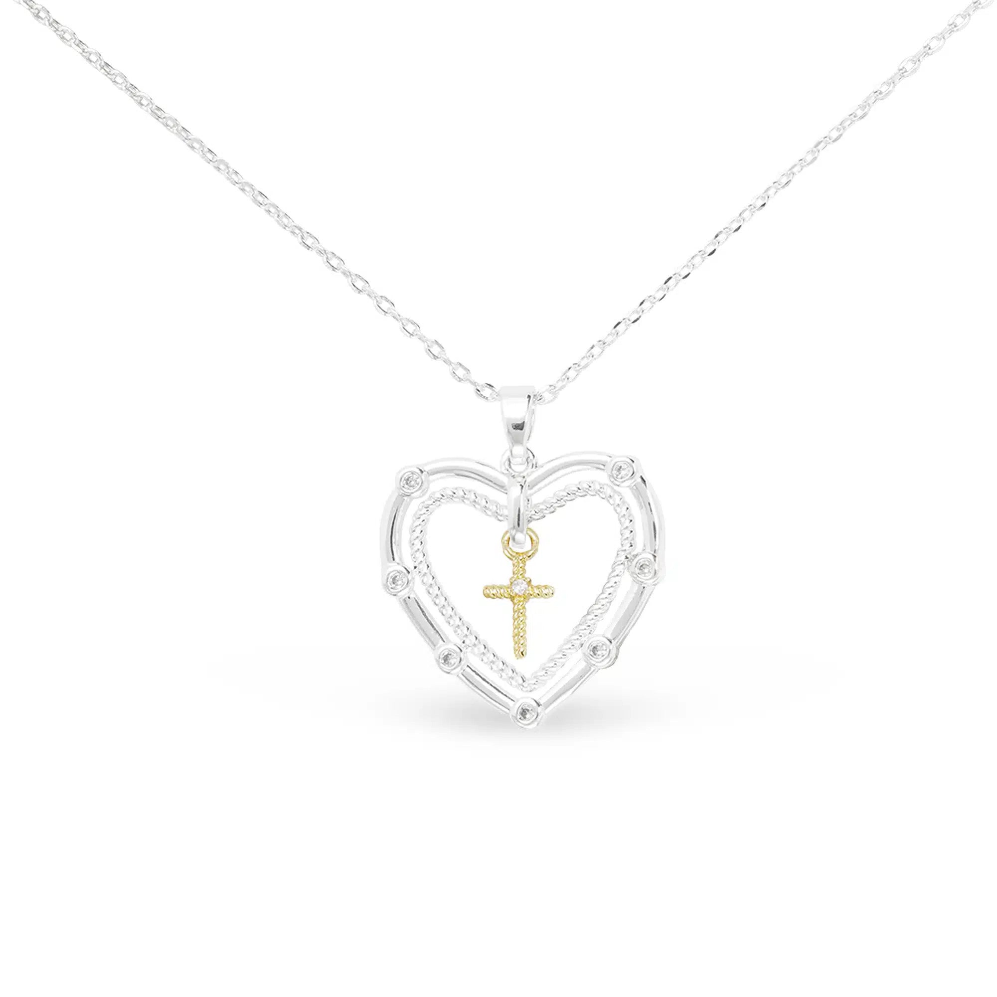 Silver CZ heart pendant with a gold cross center on a silver chain necklace.