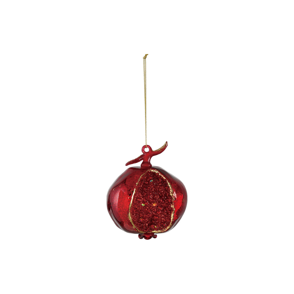 Hand-painted red mercury glass pomegranate ornament with gold accents and beaded interior detail.