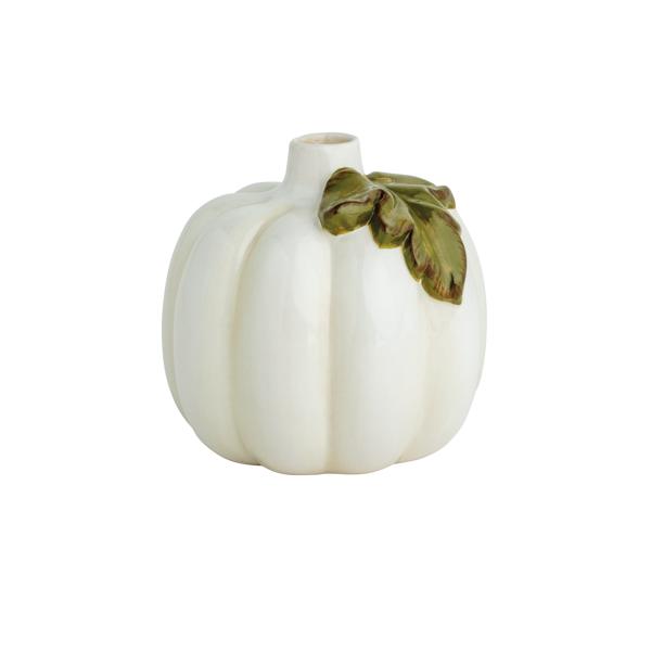 Ceramic pumpkin bud vase with layered stoneware leaf detail in earthy tones