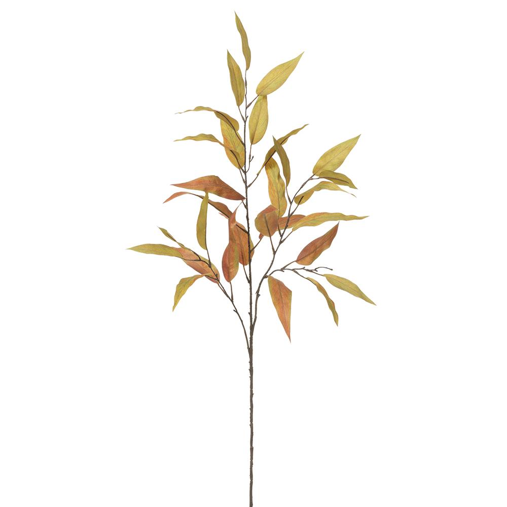 45-inch harvest eucalyptus spray with long, slender green and rust-colored fabric leaves.