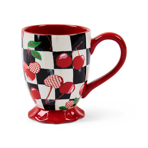 Mon Cheri Mug with a black and white checkered pattern, red cherry designs, and a ruffled red base.