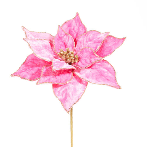 21-inch hot pink velvet poinsettia stem with gold glitter edges and a gold center.