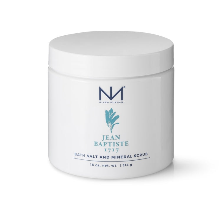 Bag of Jean Baptiste Bath Salts with water hyacinth, jasmine, and tuberose notes in an earthy brown container.