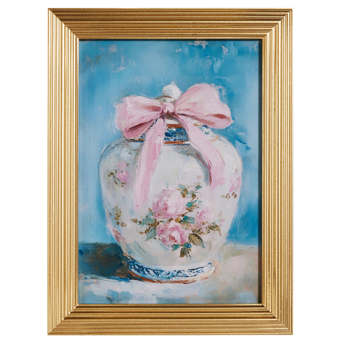Framed wall art featuring a rose ginger jar illustration on wood.
