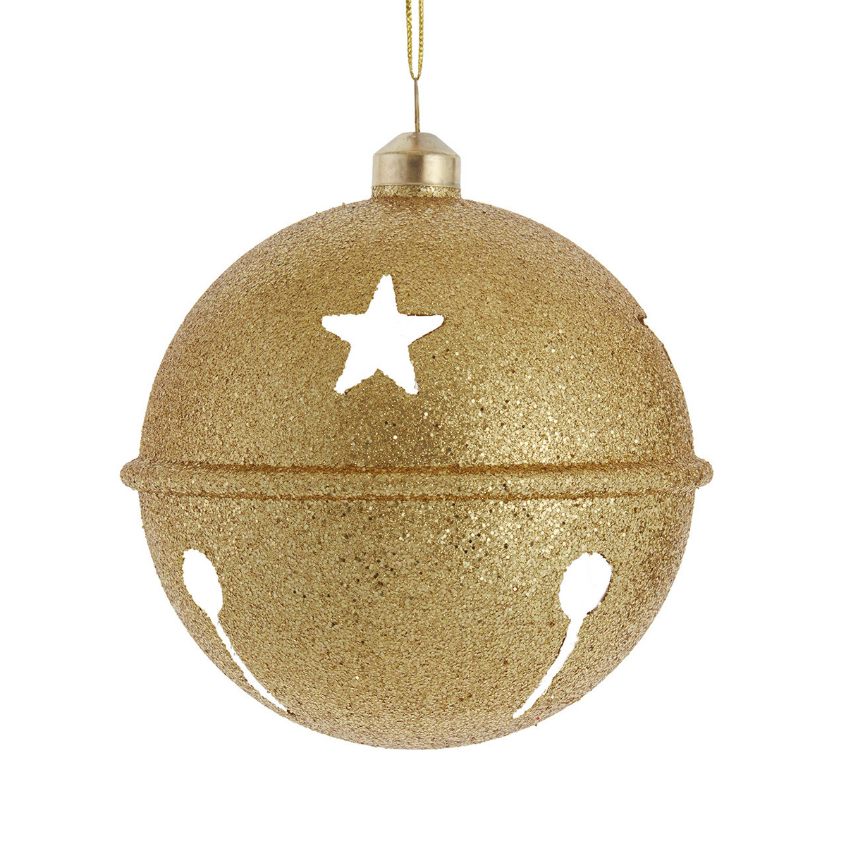 Gold glitter jingle bell ornament with star-shaped cutouts and a hanging string.