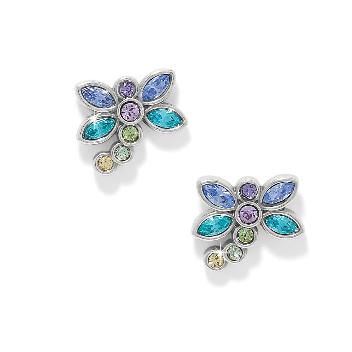 Silver plated post earrings featuring a dragonfly shape with fine quality crystals.