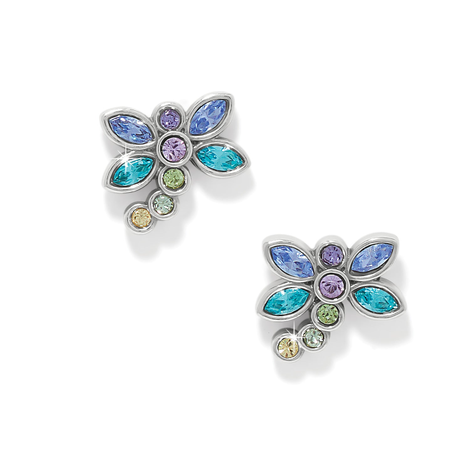 Silver plated post earrings featuring a dragonfly shape with fine quality crystals.