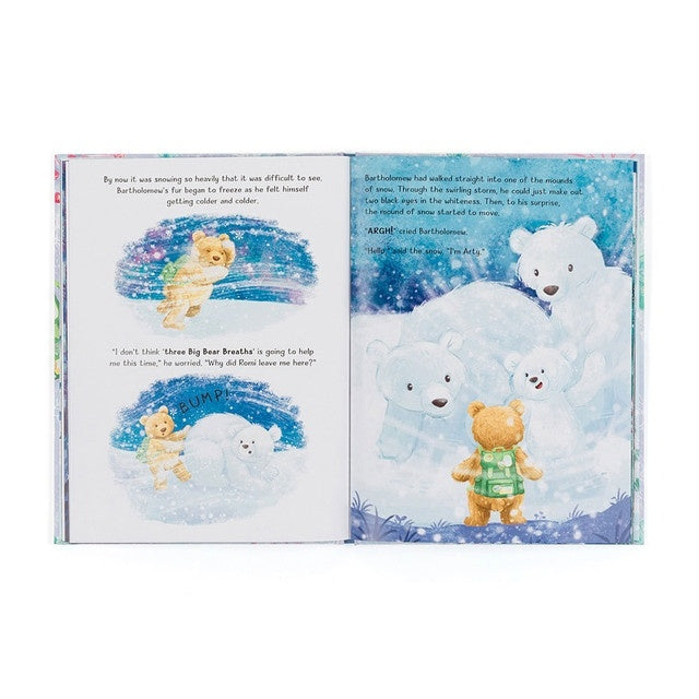 Bartholomew Bear and the Snow Giants book standing upright with a white cover featuring bear illustrations.