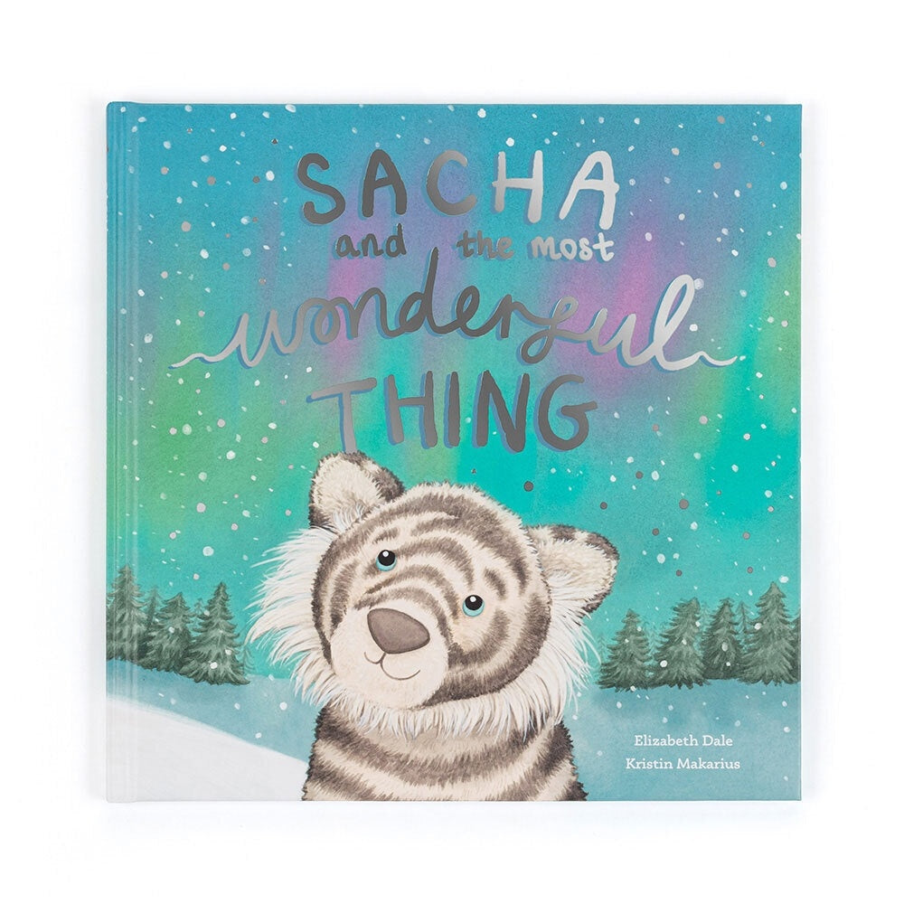 Hardcover children's book titled Sacha and the Most Wonderful Thing with a colorful illustrated cover featuring a character named Sacha.
