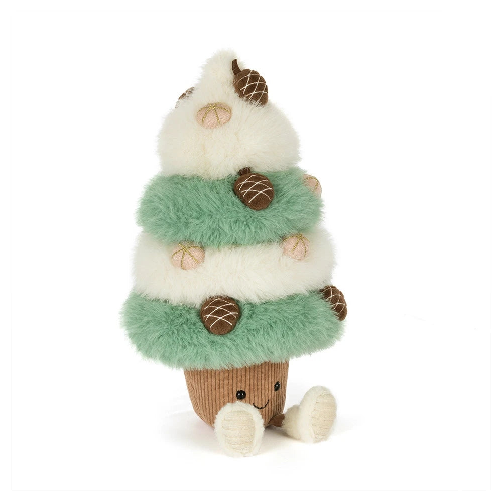Amuseables Pinecone Tree plush with green and white fluffy tiers, brown pinecones, and a smiley face