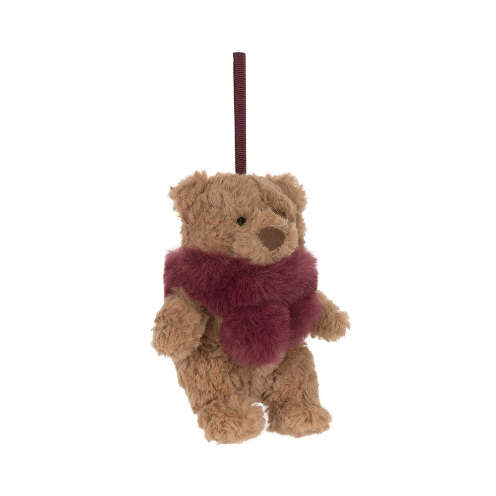 Bartholomew Bear plush ornament wearing a fuzzy burgundy scarf with a hanging ribbon.