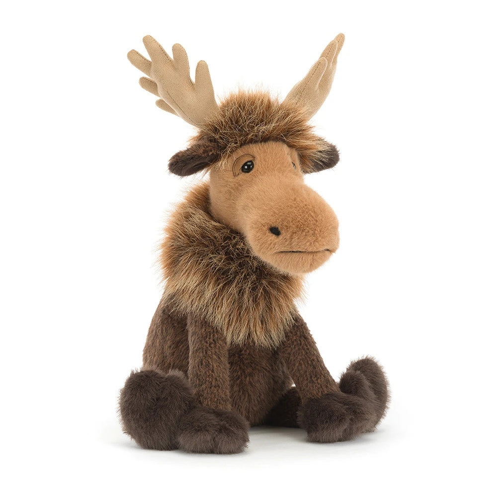 Birchly Moose plush toy with brown fur, tan antlers, and a shaggy mane sitting on a white background.