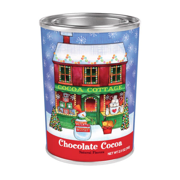 Jennifer Van Pelt Snow Village chocolate cocoa tin featuring a colorful winter village scene with snow-covered houses and trees.