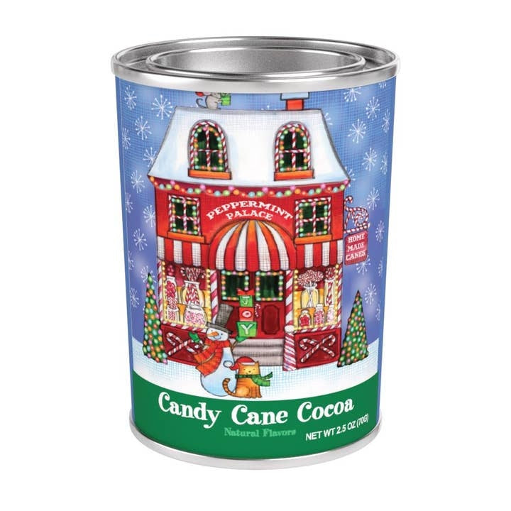 Jennifer Van Pelt Snow Village holiday tin featuring a colorful winter village scene with snow-covered buildings and trees.