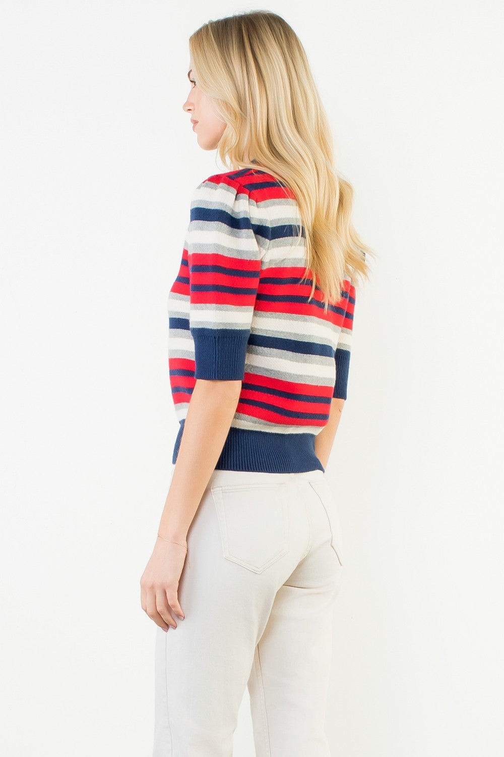 Charlene multi-color knit short sleeve top with a relaxed fit.