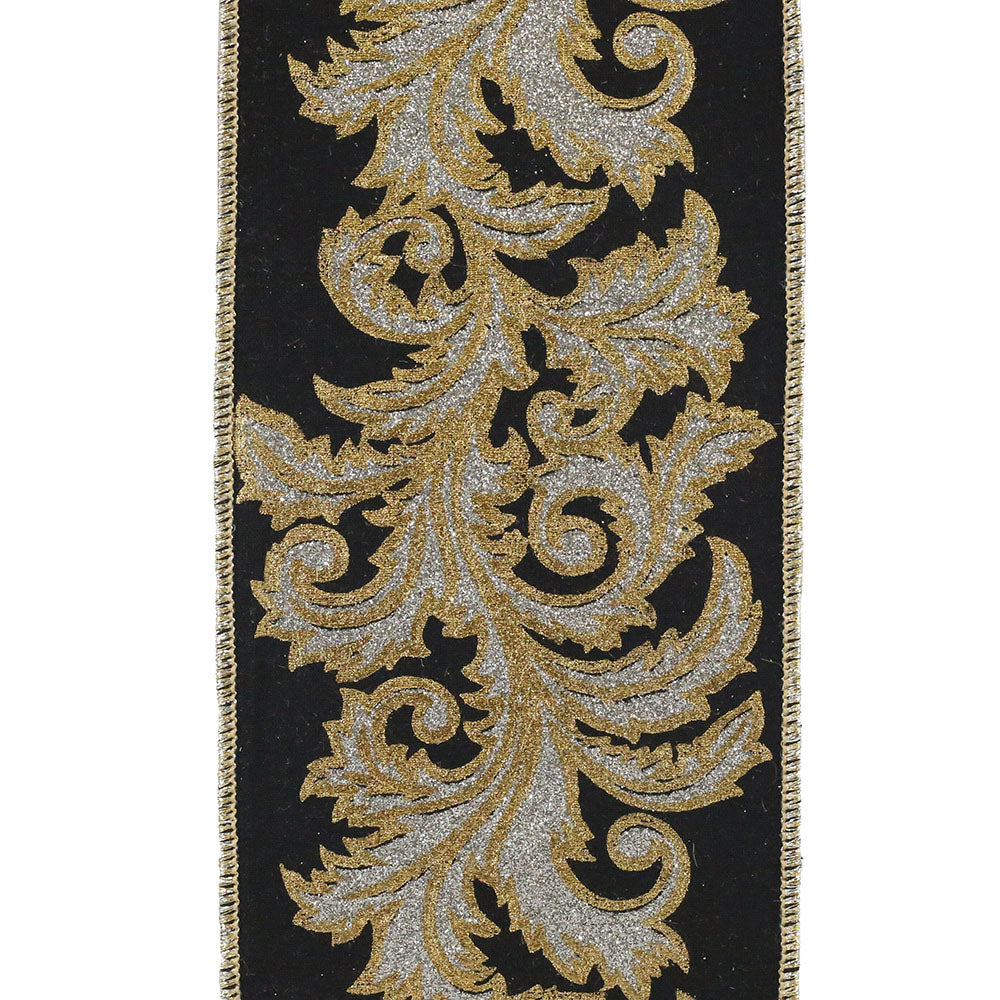 Black wired edge ribbon with silver and gold glitter leaf filigree pattern.
