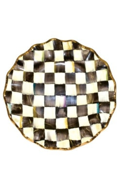 Hand-painted black and white checkered ceramic dinner plate with a fluted edge and gold trim.