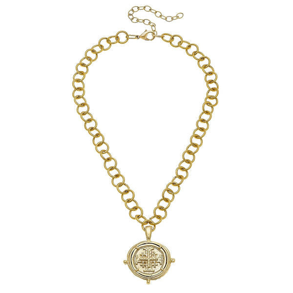 Triple plated gold Jerusalem Cross medallion pendant on a chain.