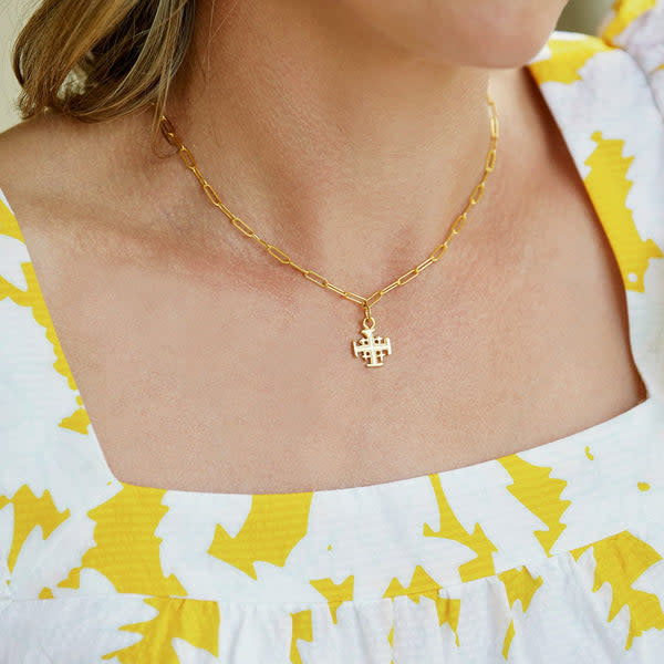 Triple-plated gold Jerusalem cross paperclip necklace on a chain with an extender.