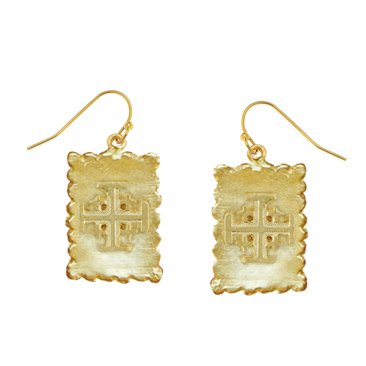 Triple-plated gold Jerusalem cross stamp earrings with intricate filigree pattern